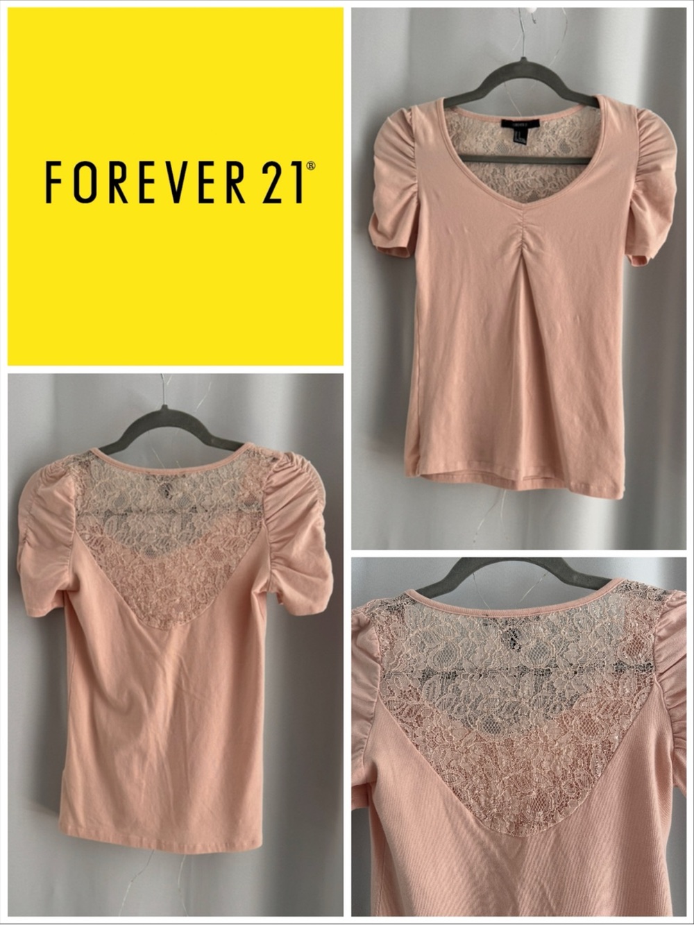 NEW Forever 21 Blush Pink Puff Sleeve Tee with Lace Back